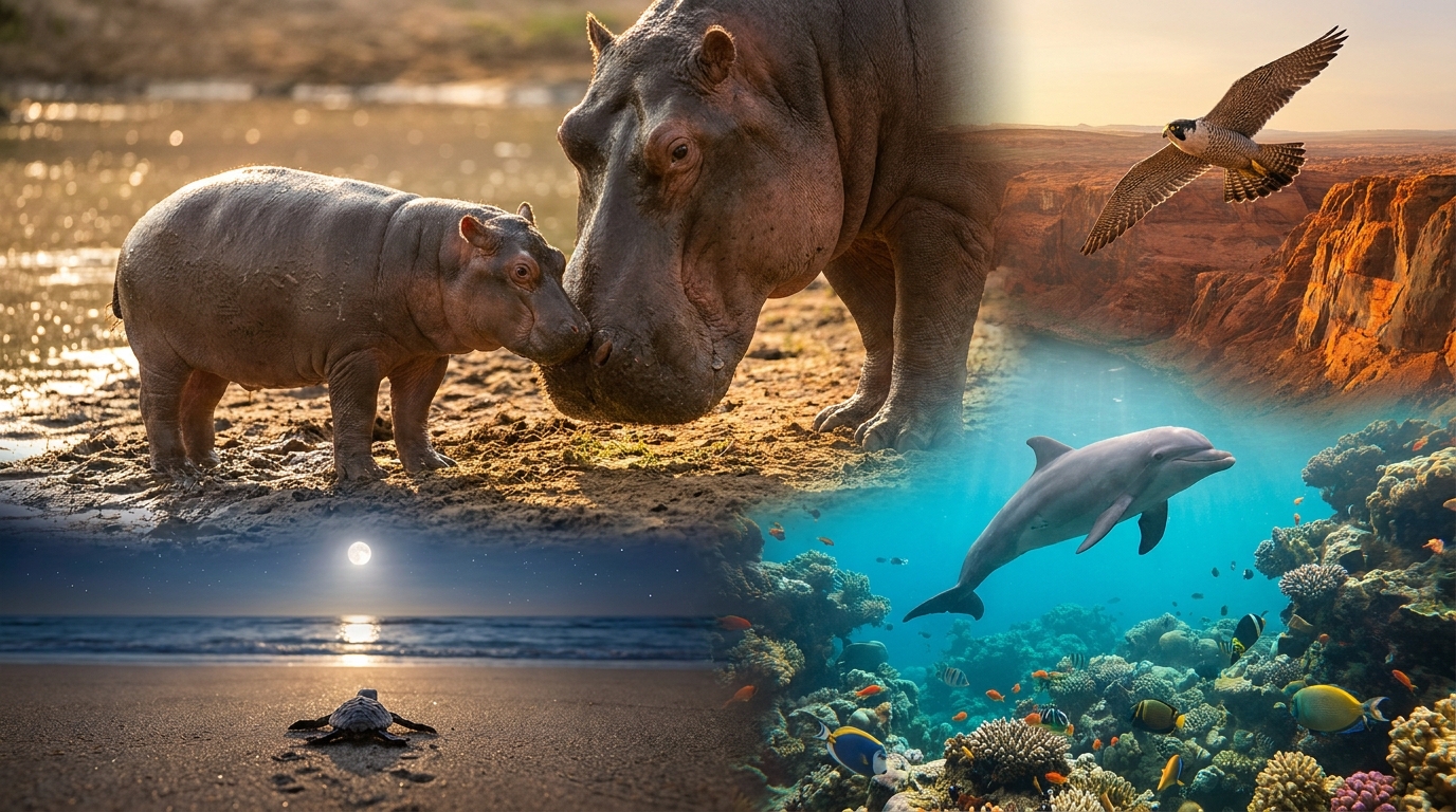 A warm Mission Wild Kids wildlife world featuring a baby hippo, elephant herd, cheetah cub, and sea turtle in one cinematic scene