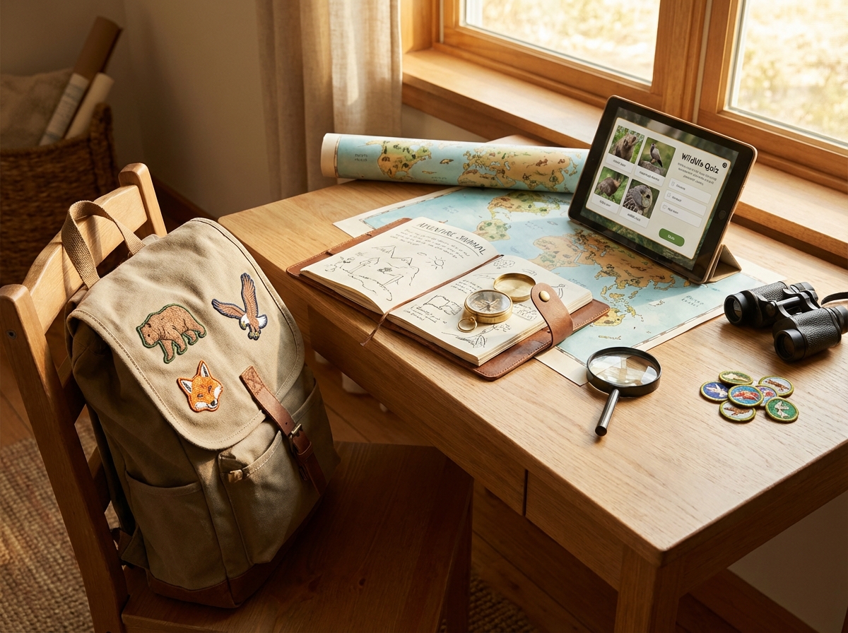A premium Mission Wild Kids membership scene with badges, explorer tools, and learning adventure cues.