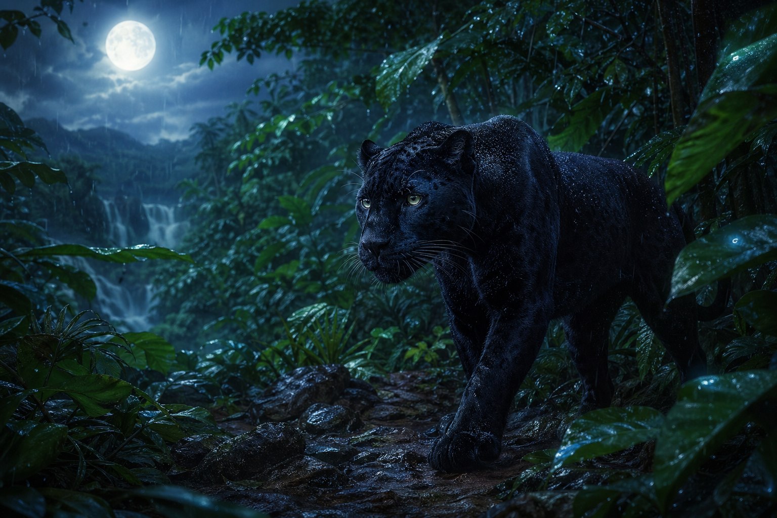 A black panther moving through a dark wet jungle with moonlight cutting through leaves.