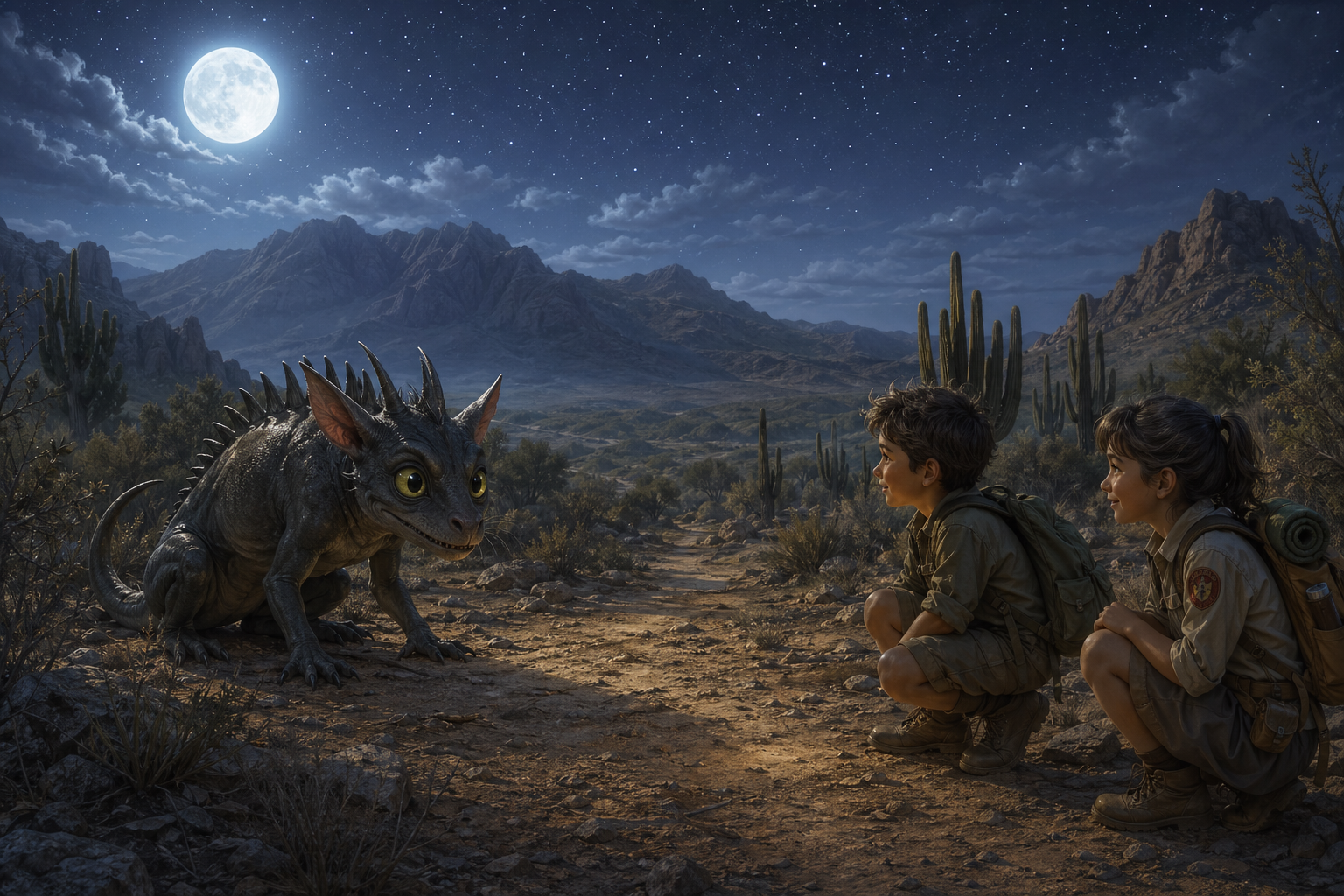 A mysterious chupacabra-like creature in moonlit desert scrub with glowing eyes and dusty tracks.