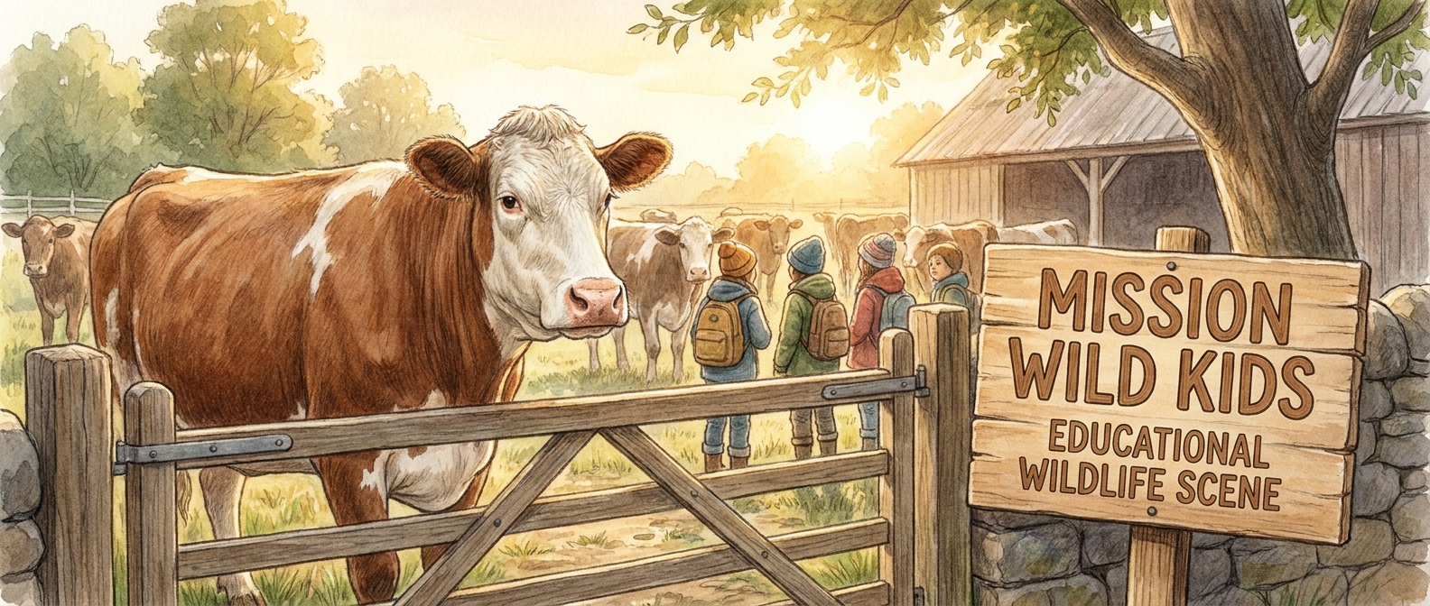 Cow mission artwork showing Clover near a barnyard gate