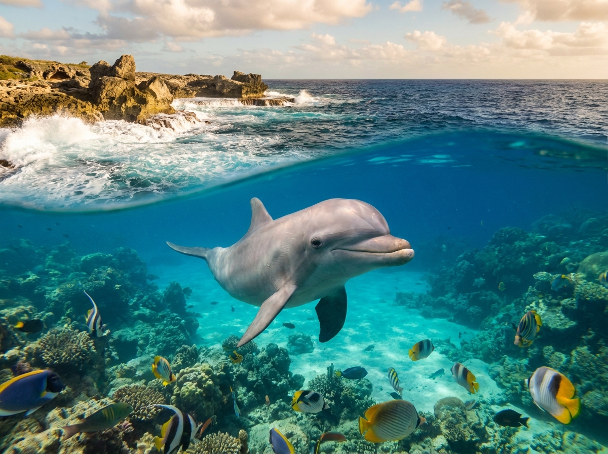 Dolphin mission artwork showing Echo near a reef channel