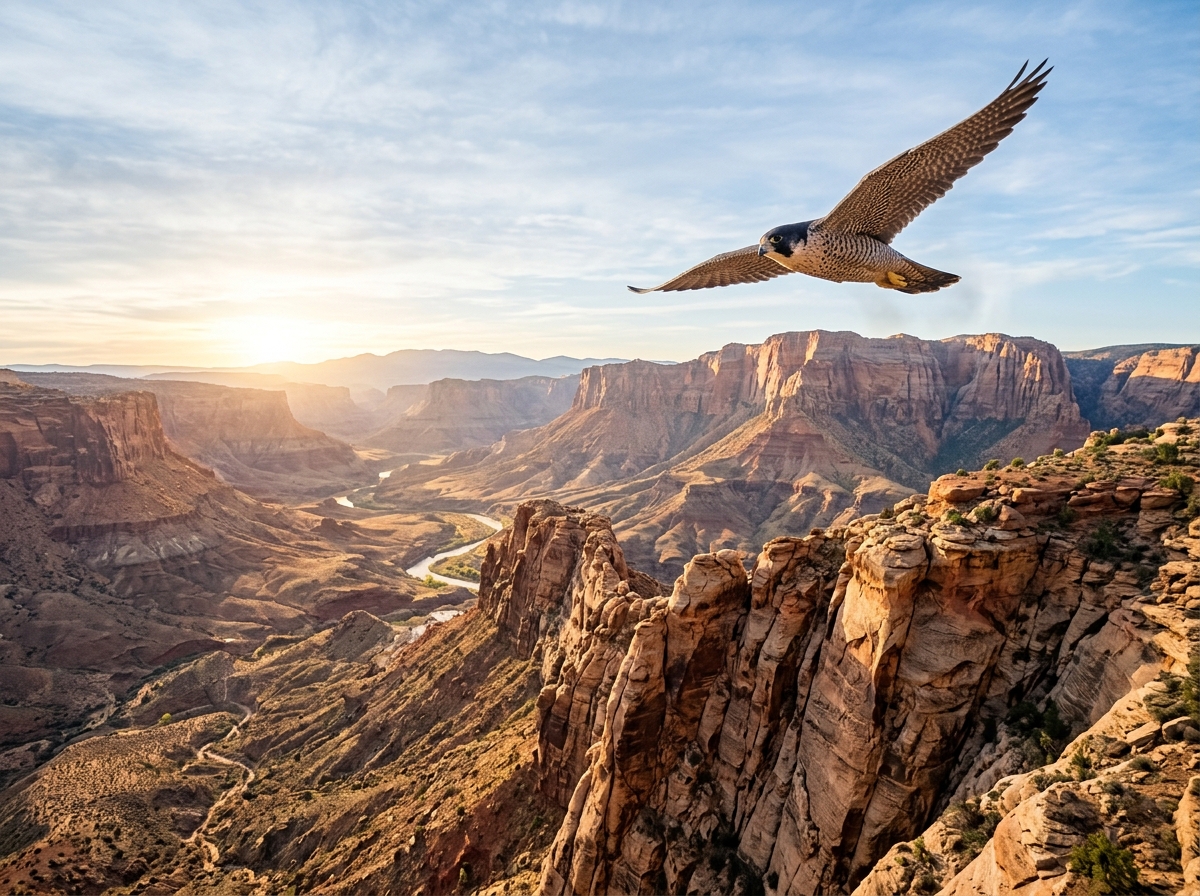 Falcon mission artwork showing Skye above canyon cliffs