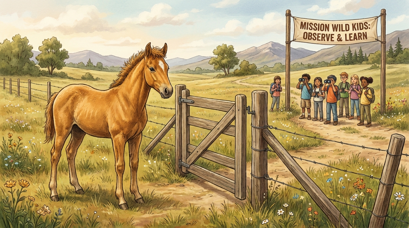 Horse mission artwork showing Comet near a pasture gate