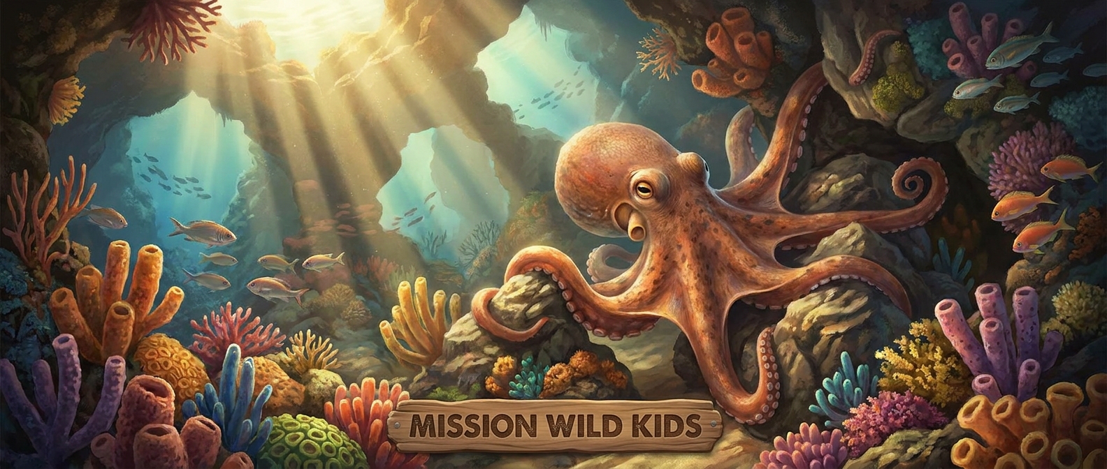 Octopus mission artwork showing Ink in a reef cave