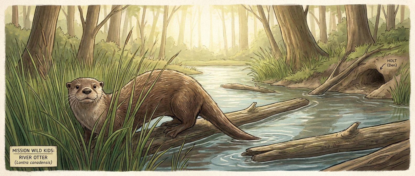 Otter mission artwork showing Ollie along a winding river