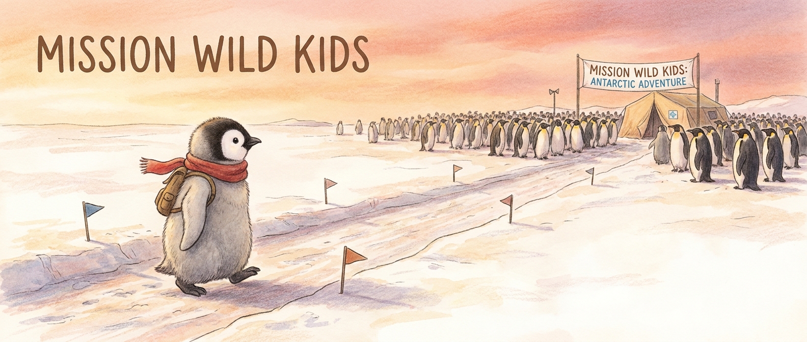 Penguin mission artwork showing Pip on snowy ice near the colony