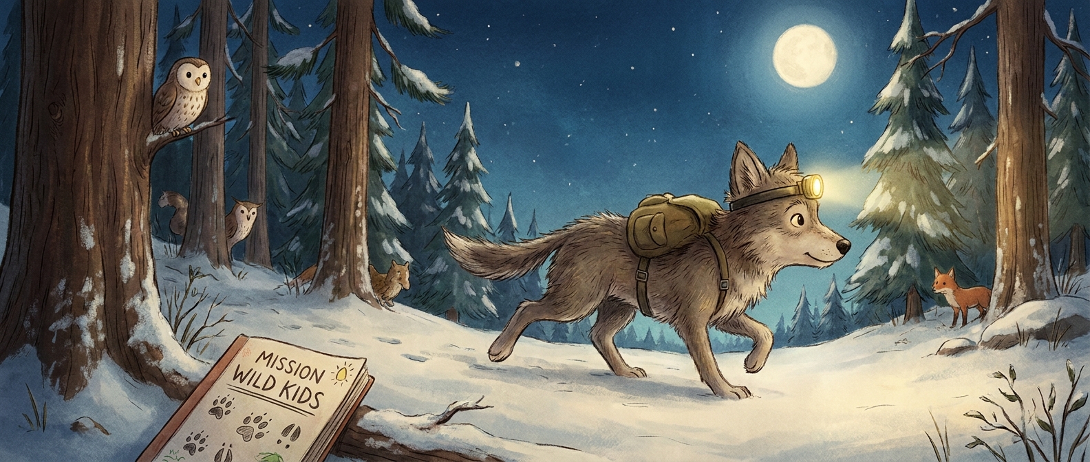 Wolf mission artwork showing Nova in a moonlit pine forest